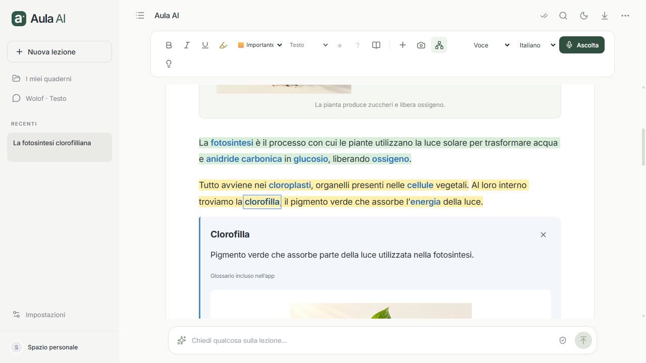 Una parola blu apre la definizione di clorofilla nella lezione, accanto alle evidenziazioni