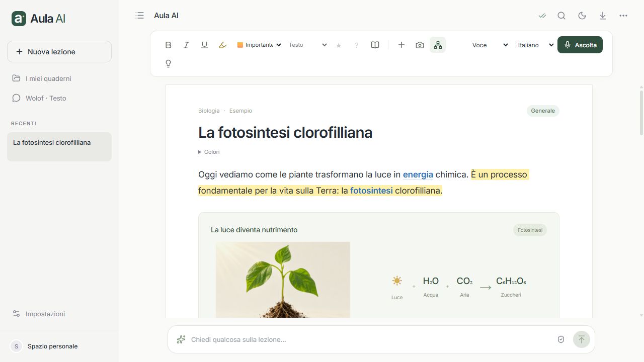 Il foglio reale di Aula AI con la lezione di fotosintesi