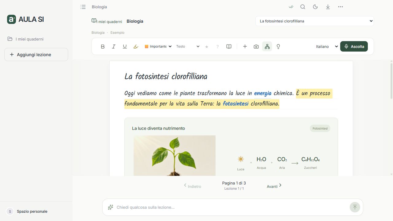 AULA SUPER INTELLIGENCE : un cours sur la photosynthèse avec des passages surlignés, des termes bleus et un schéma explicatif
